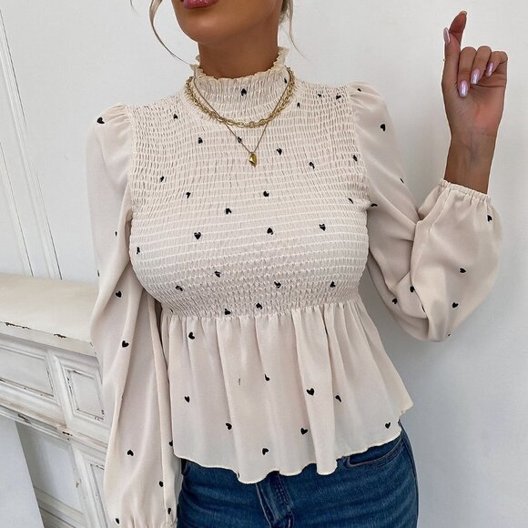 Apricot Boho Heart Print Bishop Sleeve Stand Collar Frill Trim Ruffle Hem Blouse - Picture 4 of 5